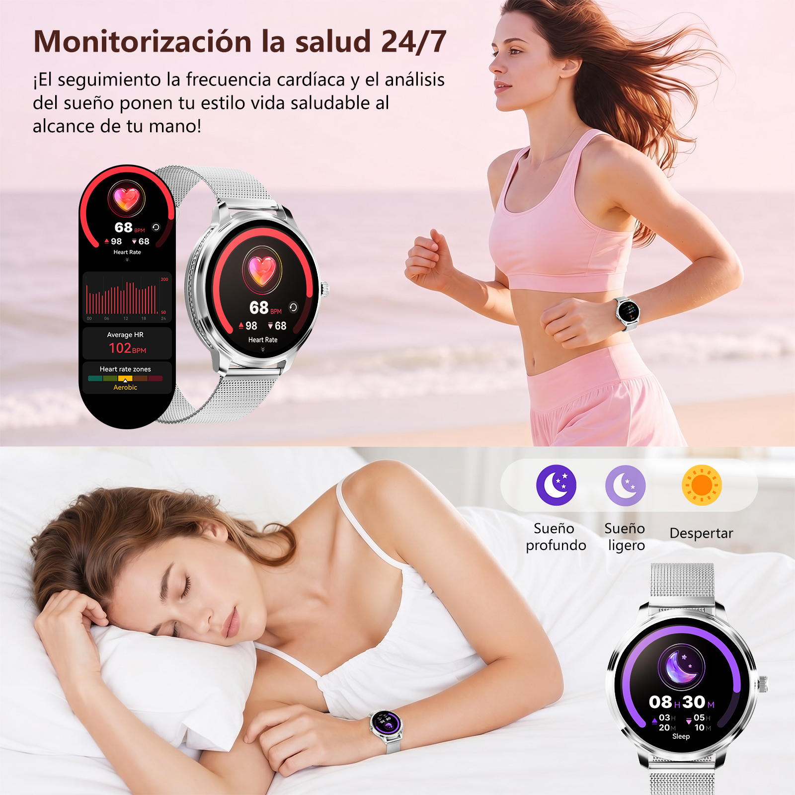 Una mujer corre, un smartwatch muestra ritmo cardíaco. Abajo, una mujer duerme.