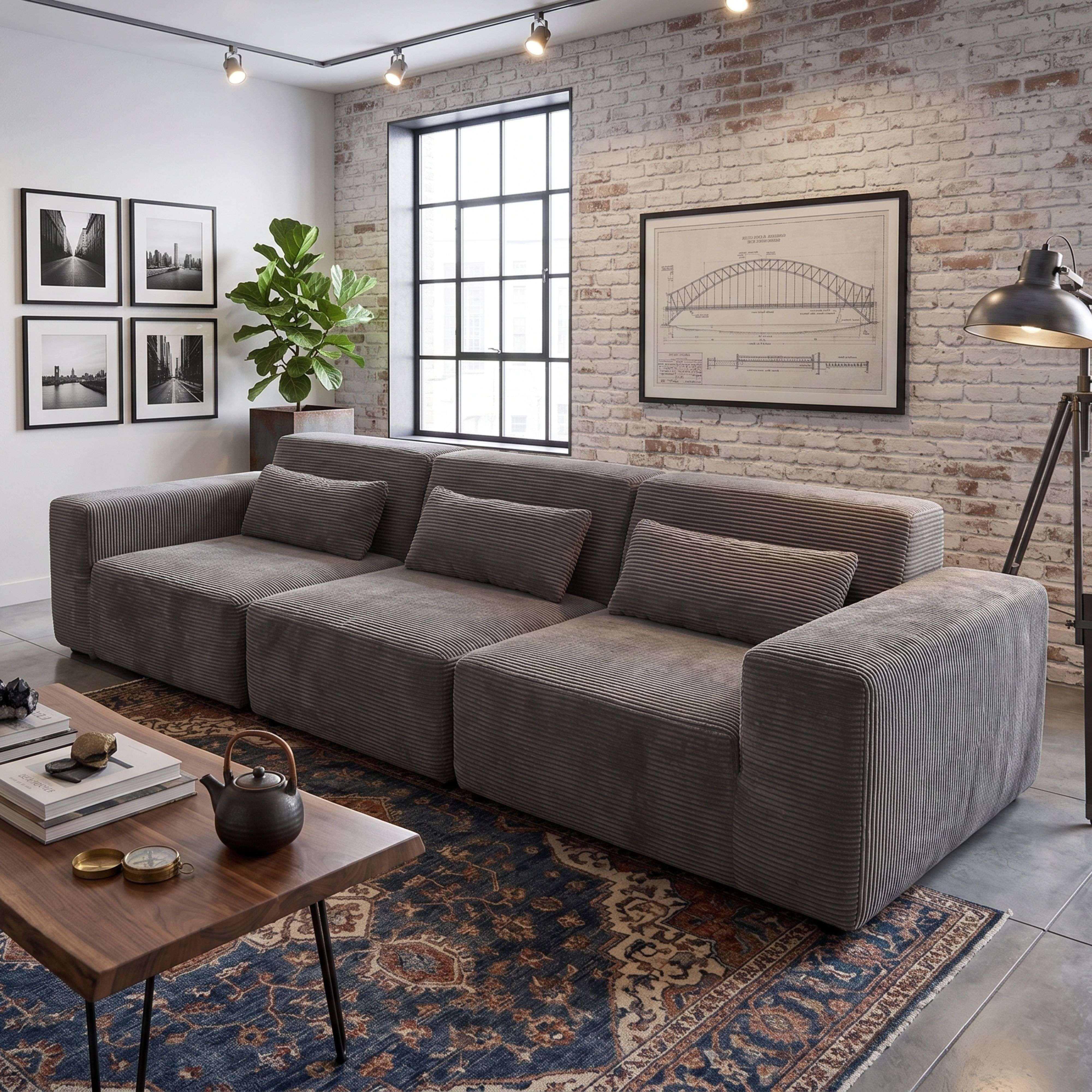 Una sala de estar espaciosa con sofá de pana gris, mesa de madera, alfombra y pared de ladrillos.
