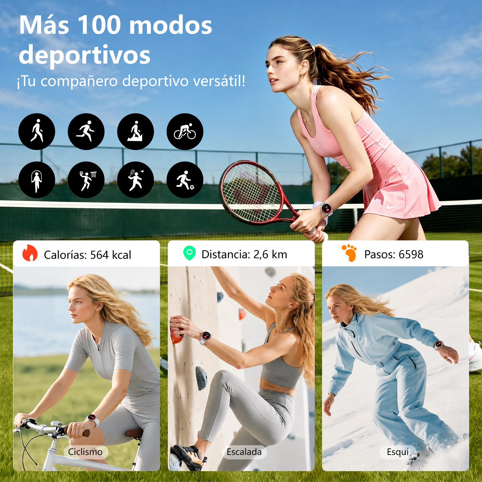 Mujer jugando al tenis; abajo ciclismo, escalada, esquí con estadísticas.