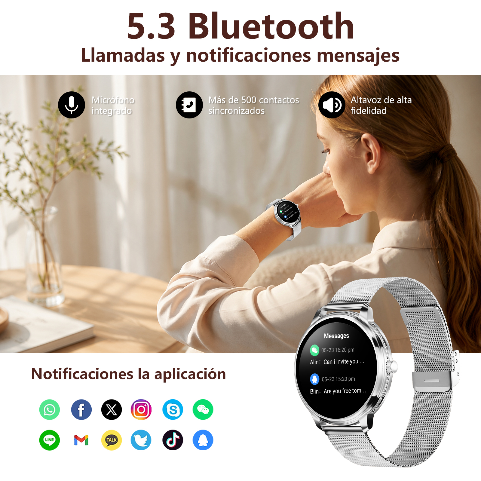 Una mujer usa un reloj inteligente que muestra mensajes. Iconos de aplicaciones abajo.