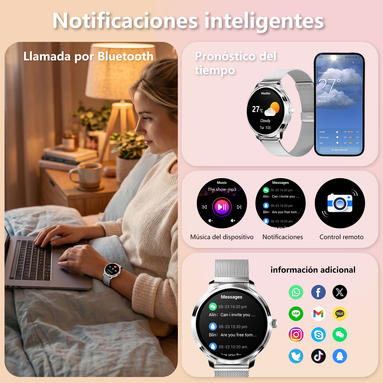 Mujer en laptop con smartwatch mostrando apps de clima, música y mensajes.