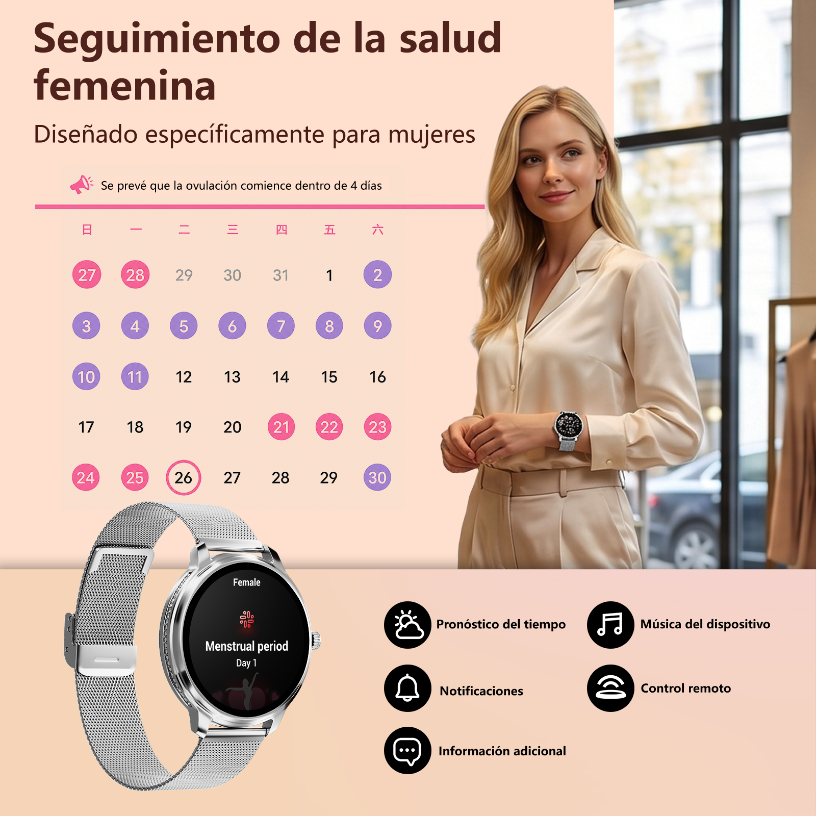 Mujer con smartwatch muestra calendario e info de ciclo menstrual.