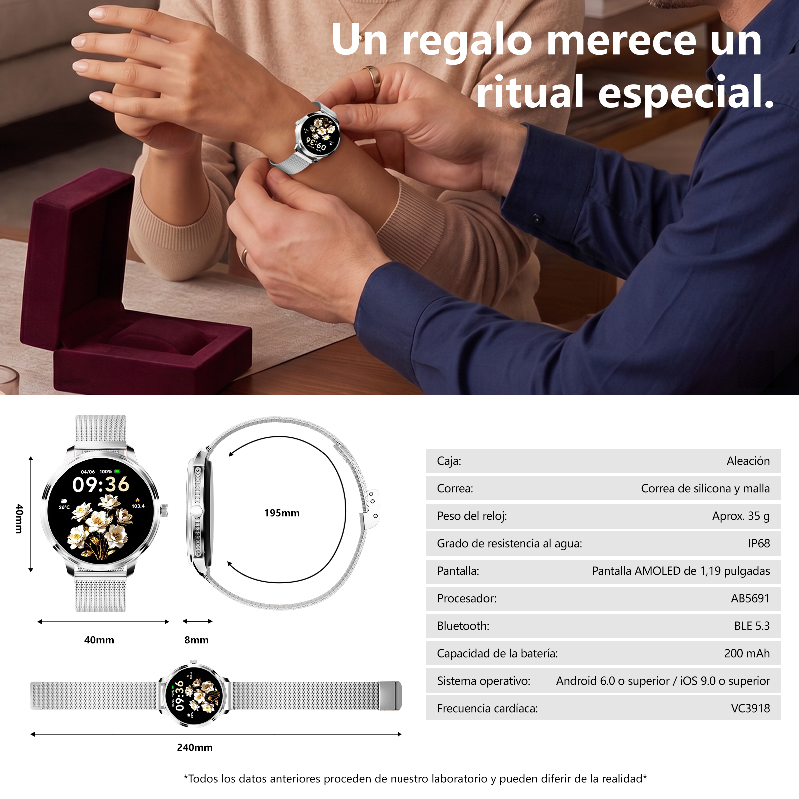 Un smartwatch plateado con esfera floral, dimensiones y especificaciones.