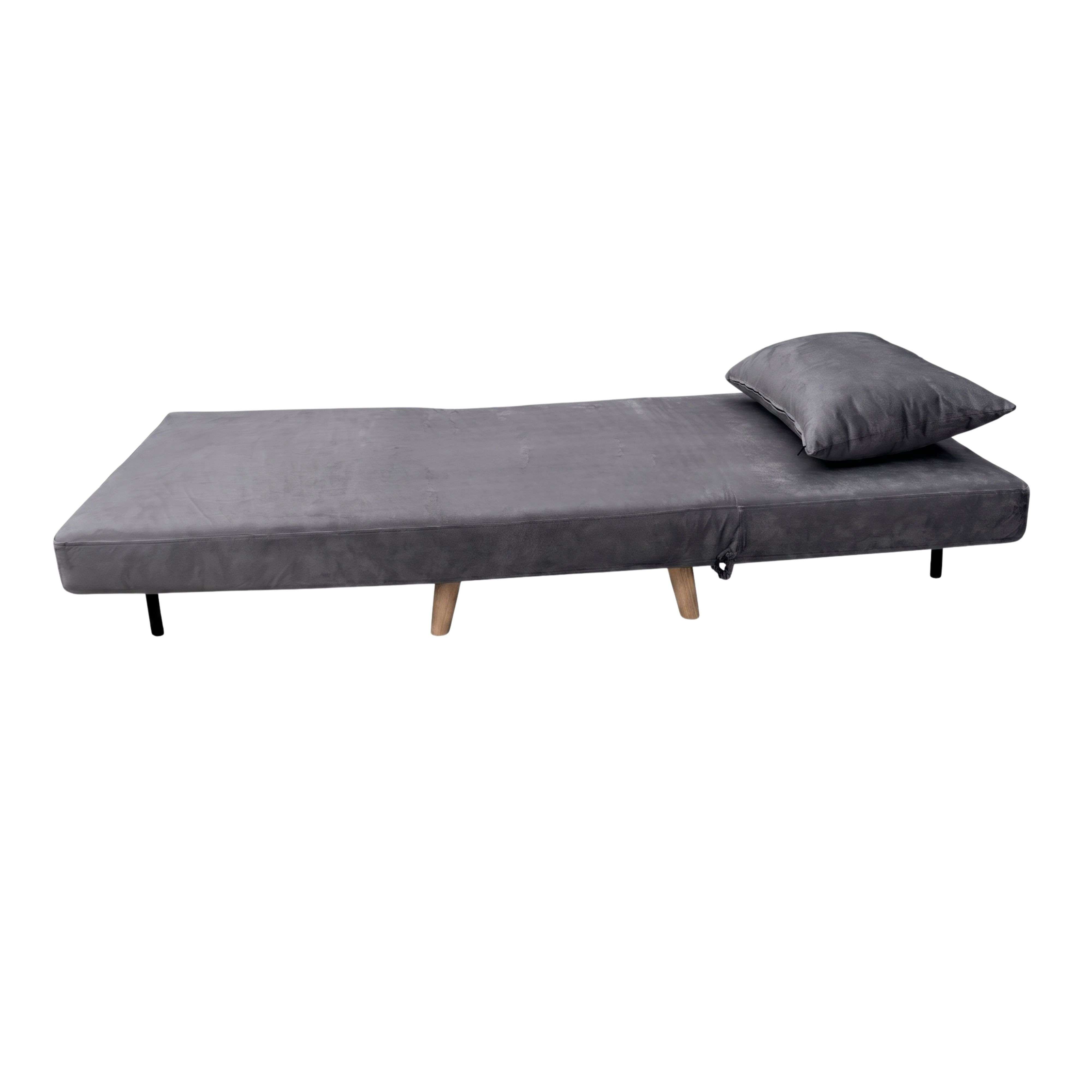 Sofá cama gris con un cojín y patas de madera.