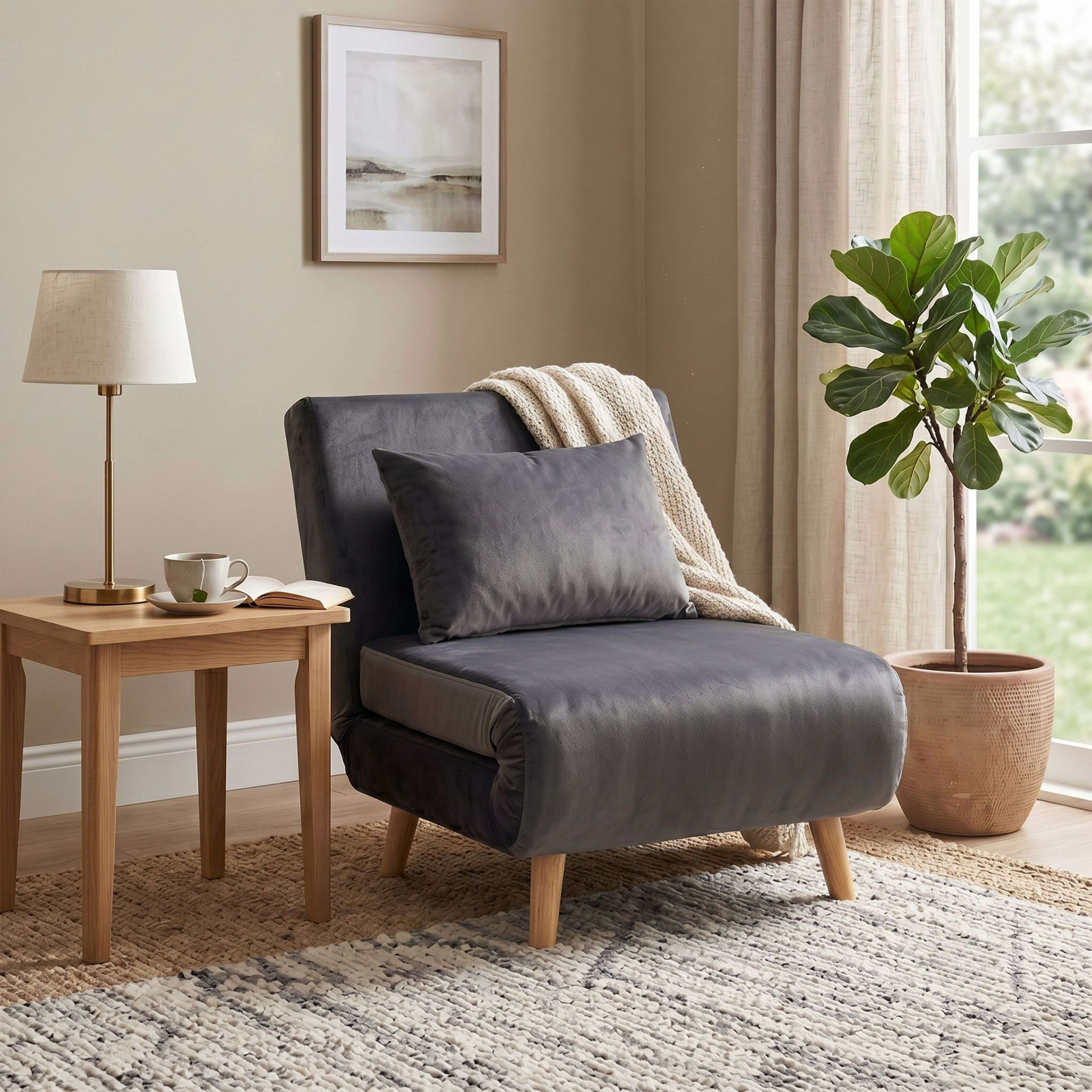 Un sillón gris con cojín y manta junto a una mesita de madera con lámpara.