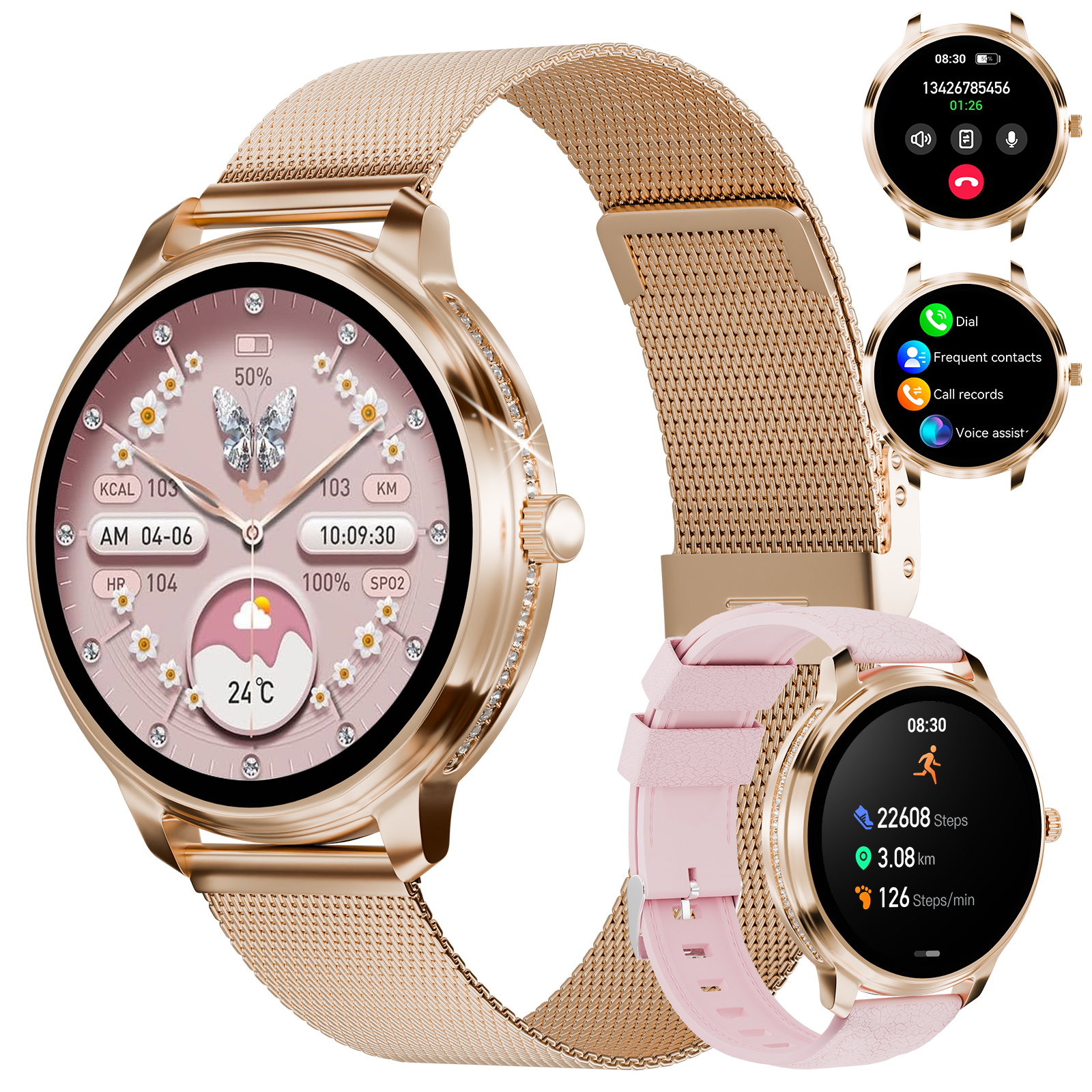Smartwatch dorada con correa de malla rosa y dial detallado.
