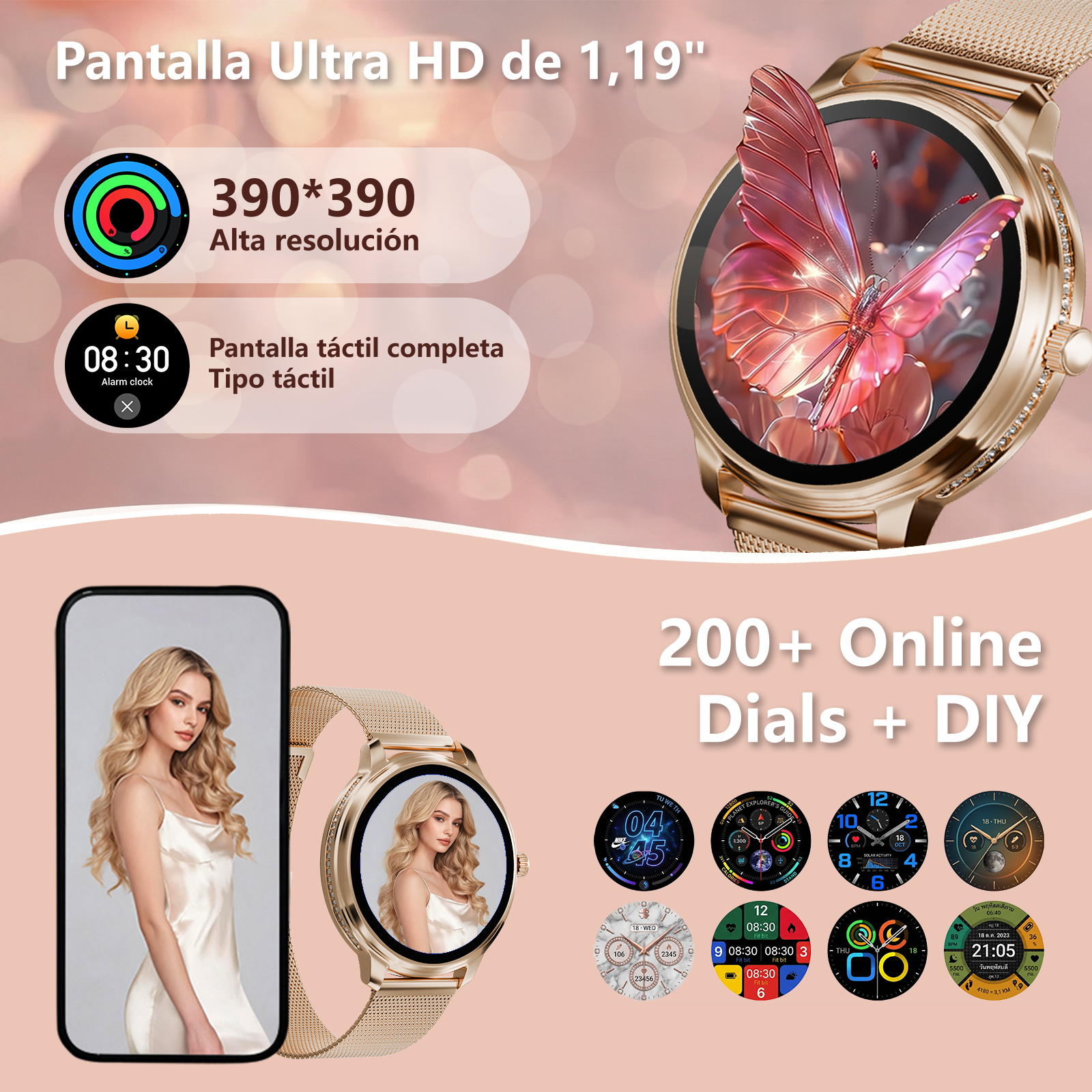 Reloj inteligente dorado con esfera de mariposa, teléfono y esferas.