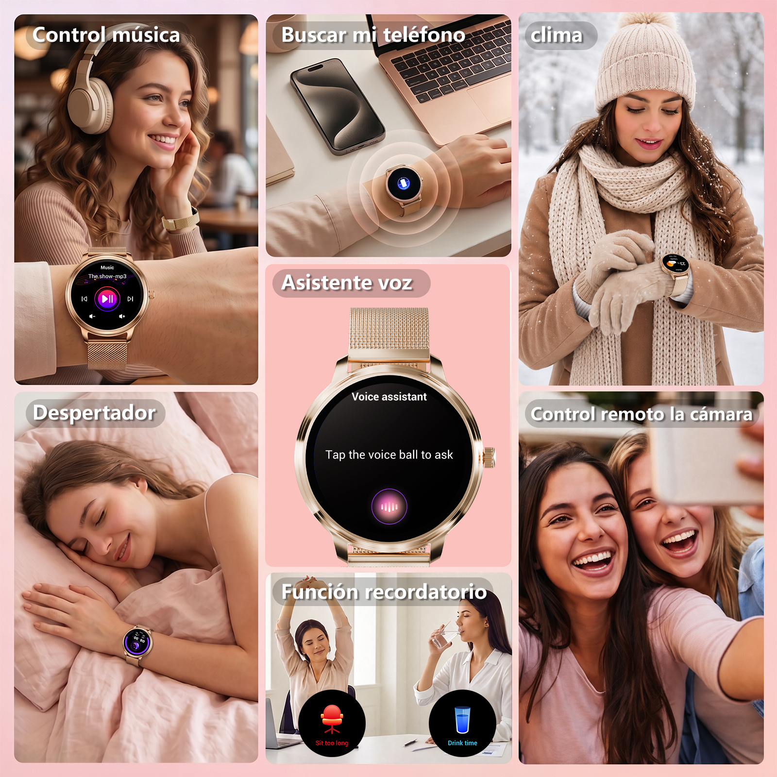 El collage muestra funciones de reloj inteligente: control de música, buscador de teléfono, clima, despertador, asistente de voz.