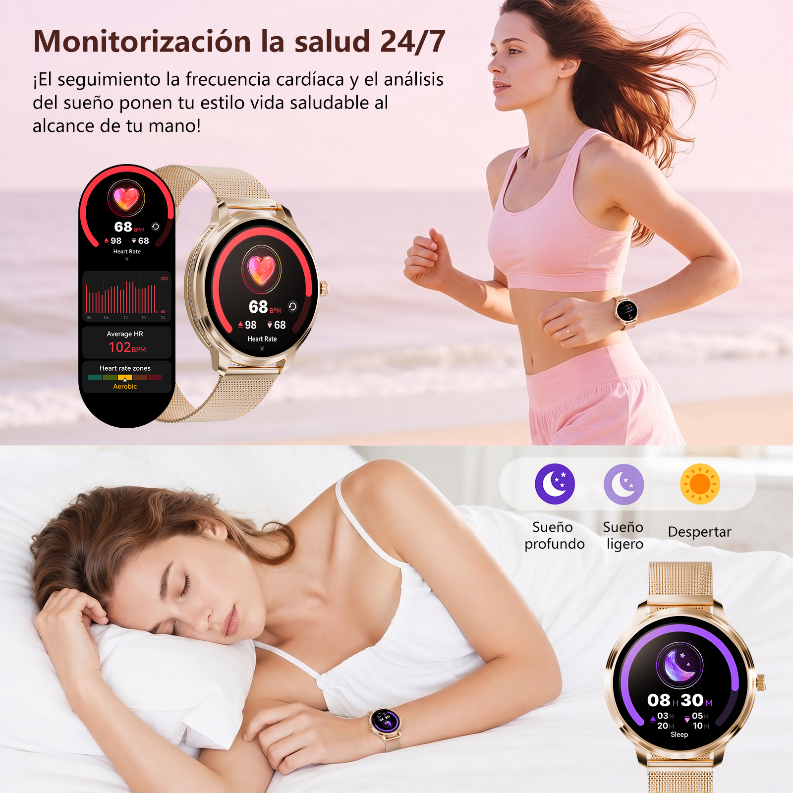 Reloj inteligente dorado muestra datos de frecuencia cardíaca y sueño, con corredora y mujer durmiendo.