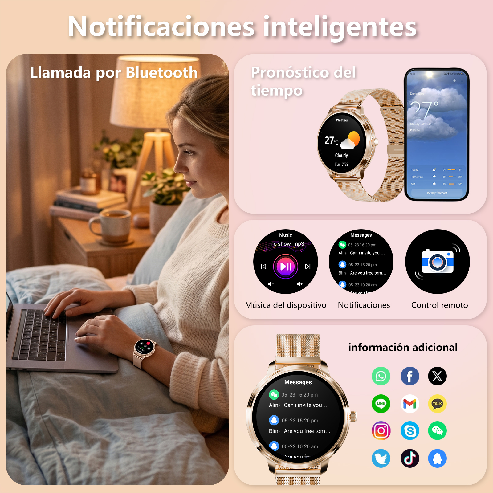 Una mujer escribe en un portátil, lleva un smartwatch. A su lado, pantallas de móvil y smartwatch con apps de tiempo y mensajes.