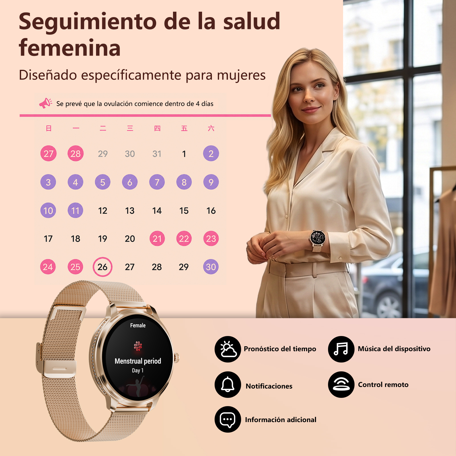 Mujer con calendario, reloj inteligente e iconos de tiempo, música, notificaciones, control remoto.