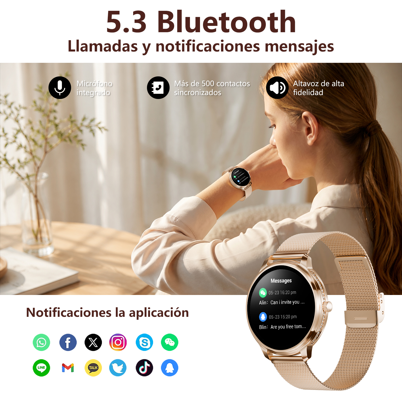 Una mujer usa un smartwatch dorado que muestra mensajes. Se muestran logotipos de aplicaciones.