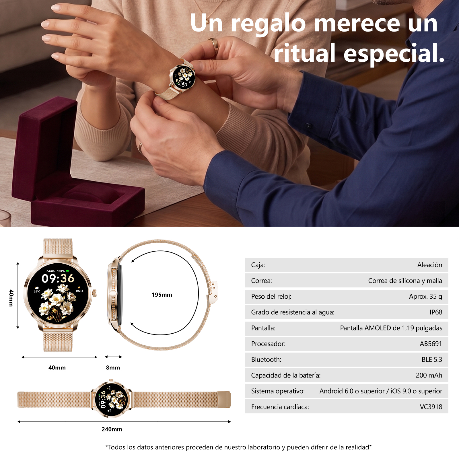 Un reloj inteligente dorado con pantalla floral se lleva en la muñeca. Se muestran dimensiones.