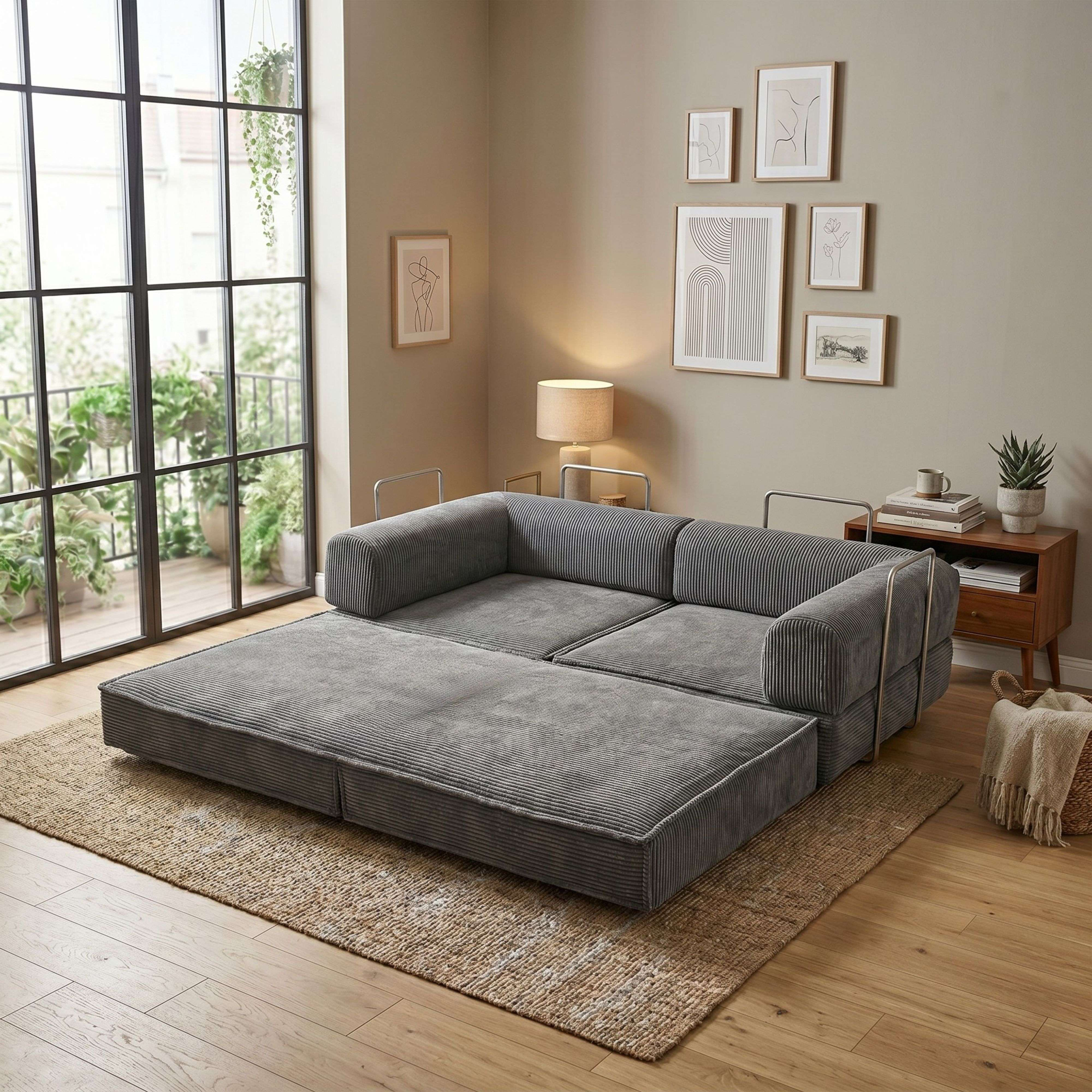 Sofá gris de pana con cama extensible, frente a grandes ventanales con plantas.