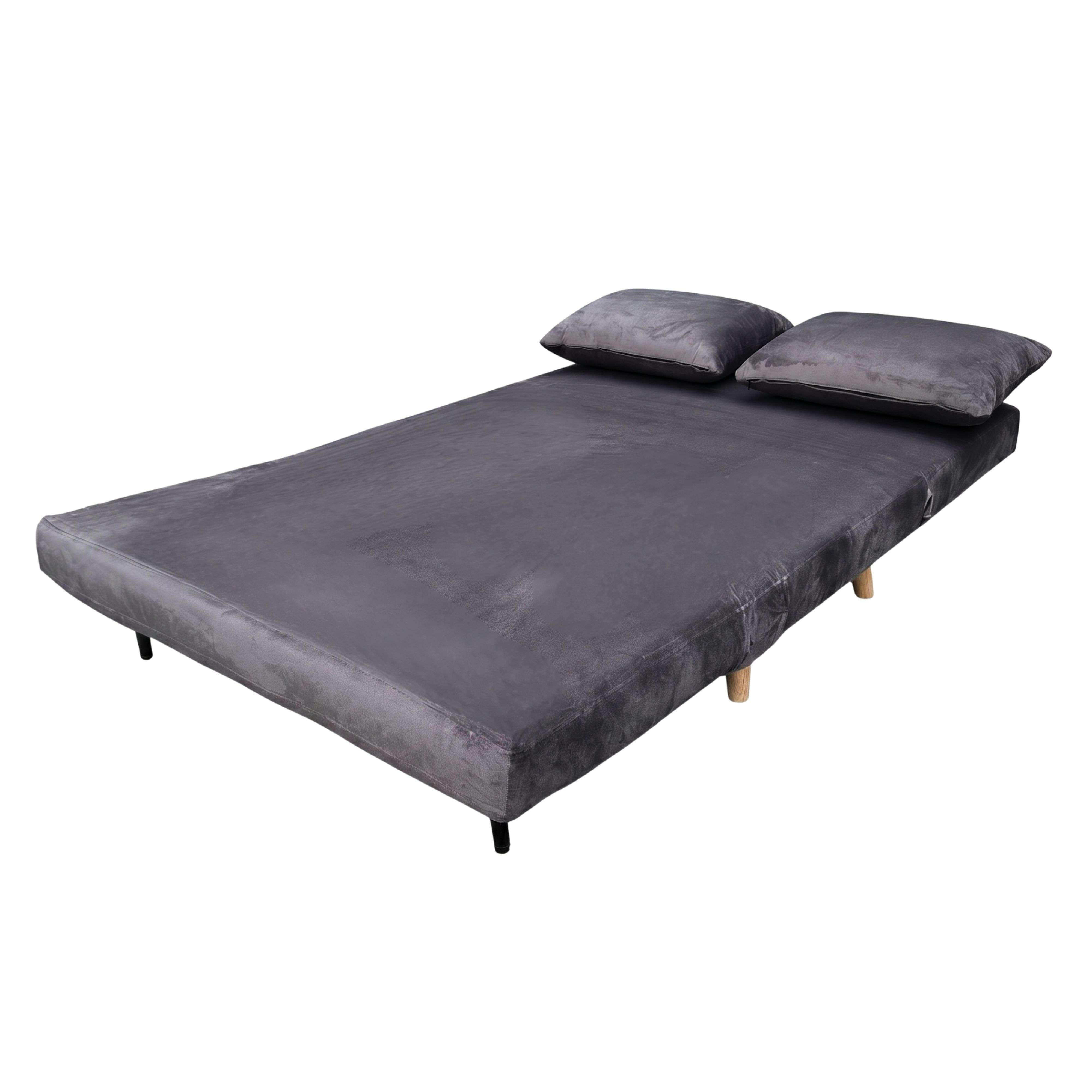 Sofá cama gris con dos cojines y patas de madera.