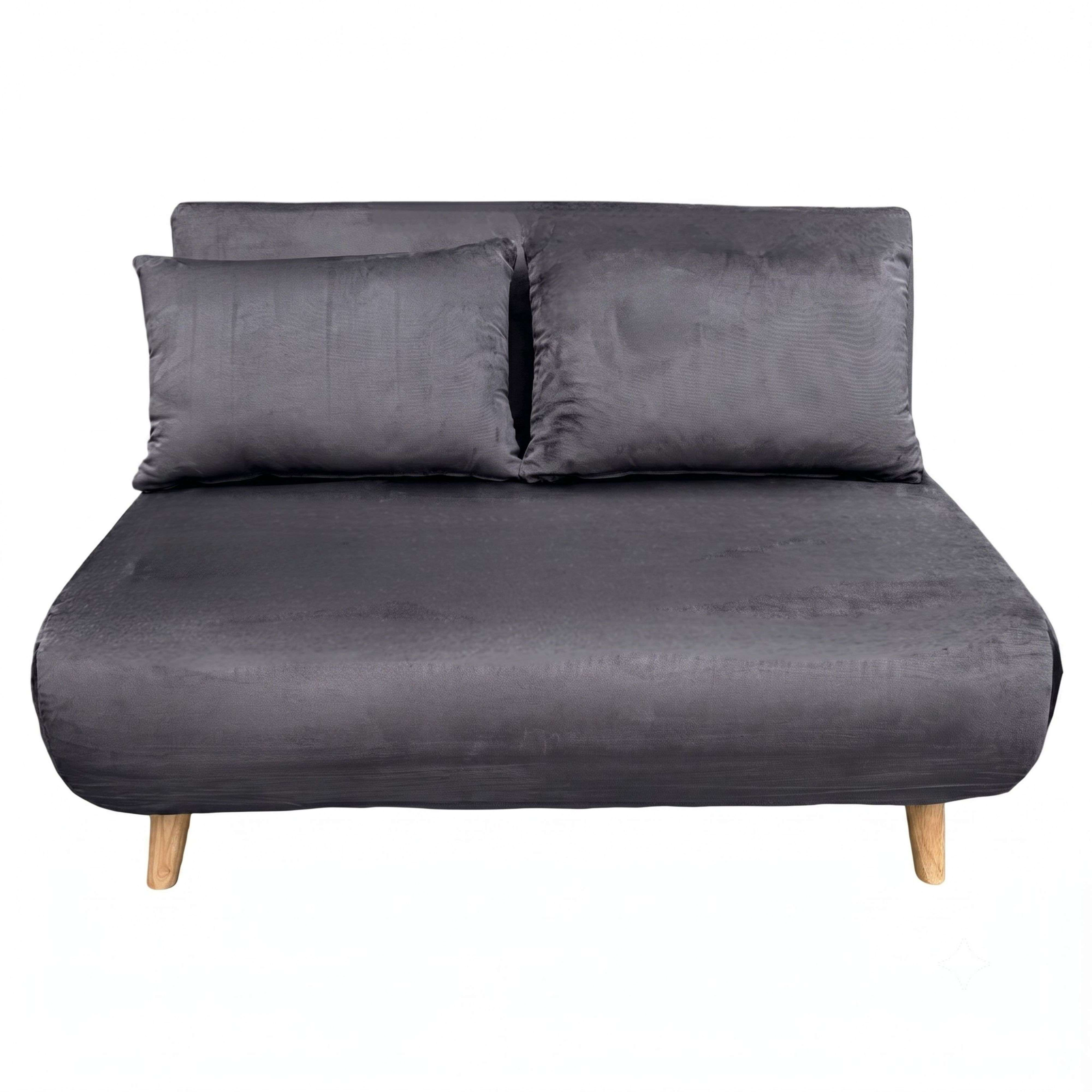 Sofá cama gris oscuro con dos cojines sobre patas de madera.