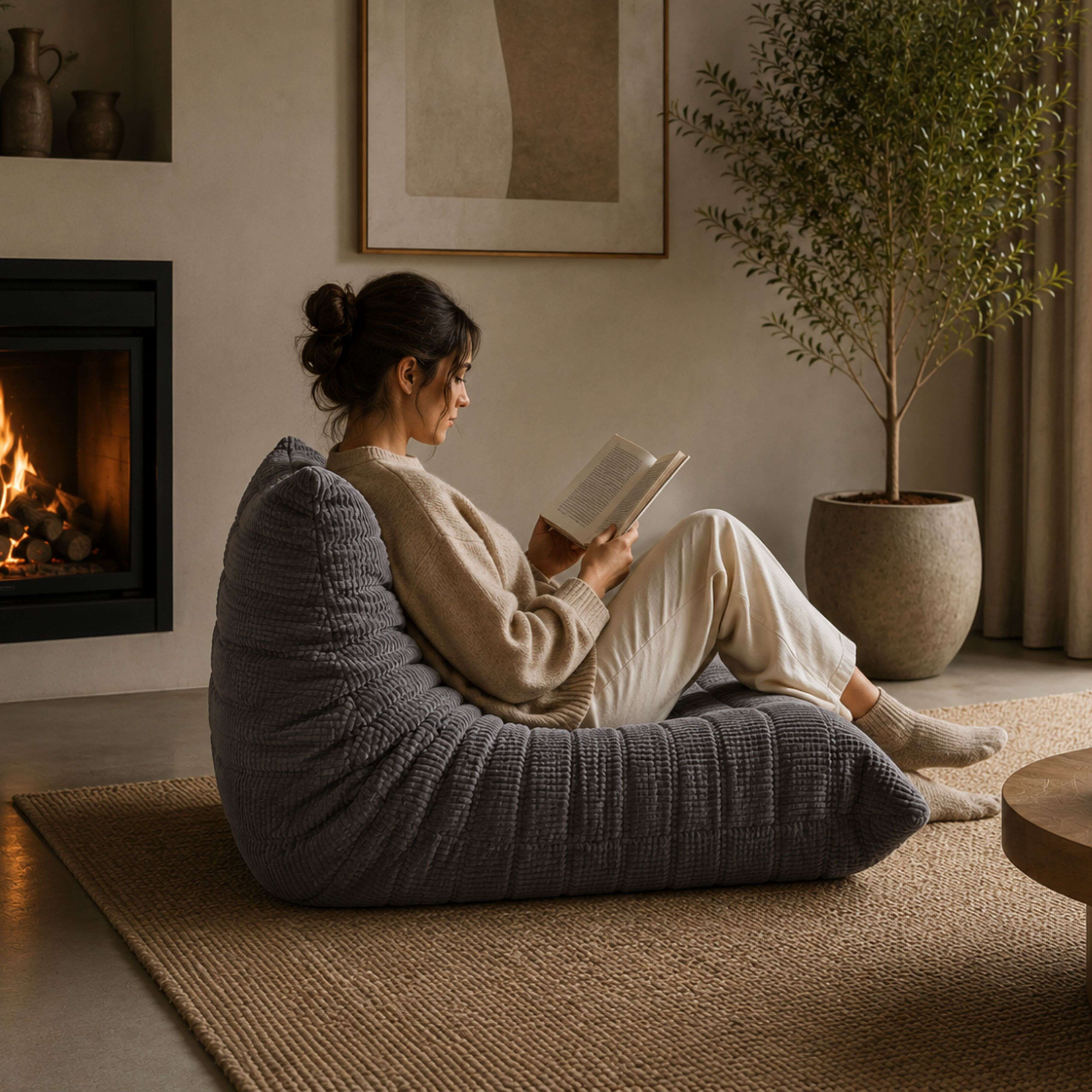 Una mujer lee un libro en un puf gris frente a una chimenea.