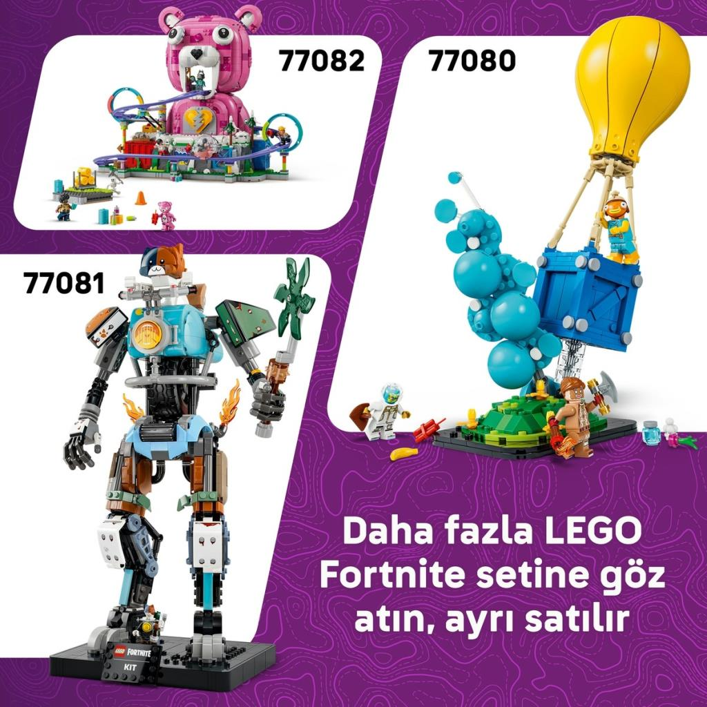 LEGO Fortnite kitleri: Pembe ayıcık hız treni, robot ve sıcak hava balonu.
