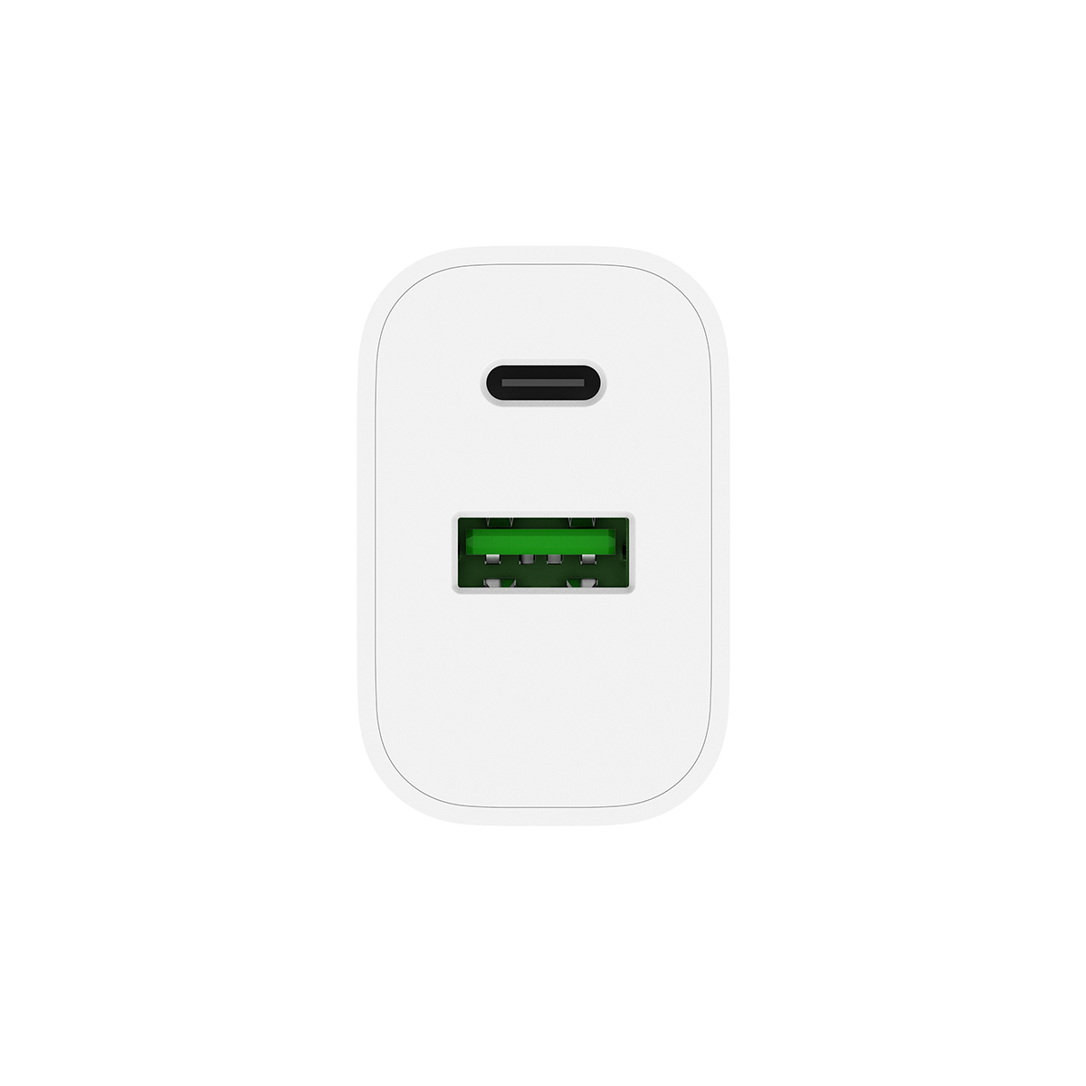 Cargador blanco con un puerto USB-C y un puerto USB-A