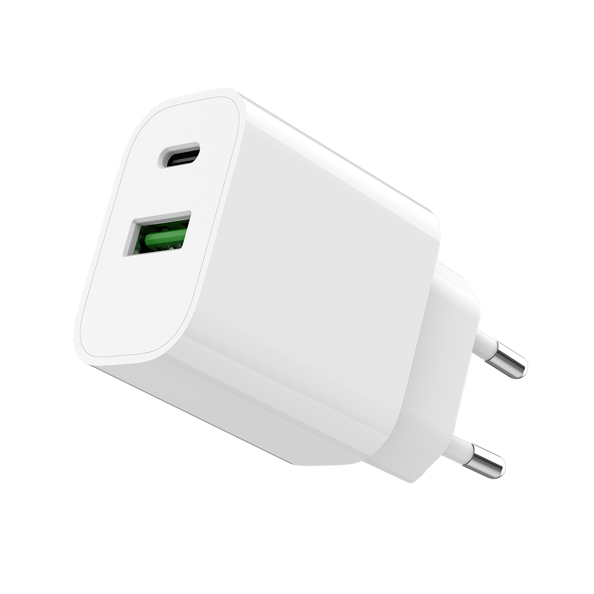 Un enchufe cargador blanco USB-C y USB-A con dos pines.