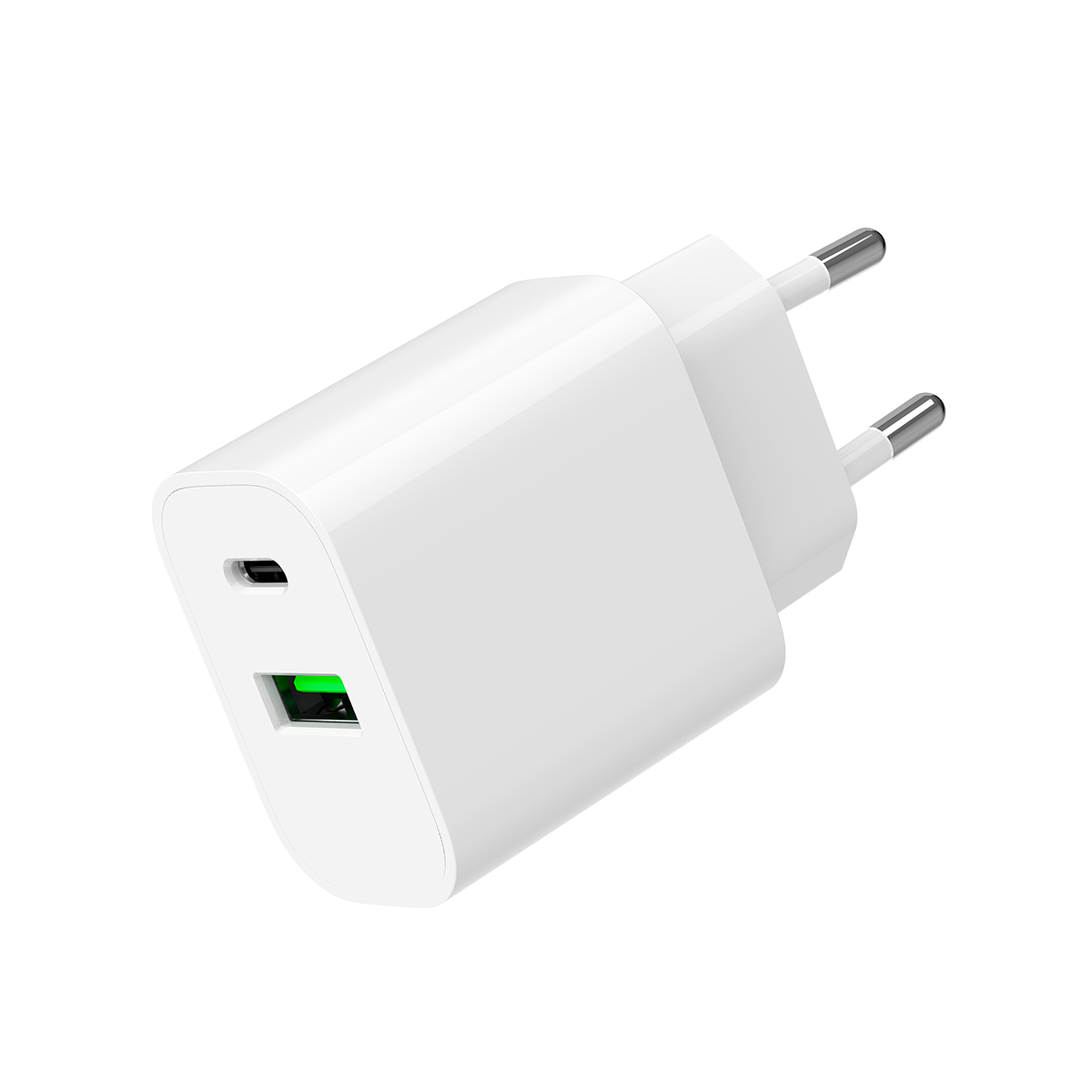 Un cargador USB-C blanco con dos puertos y una luz verde.