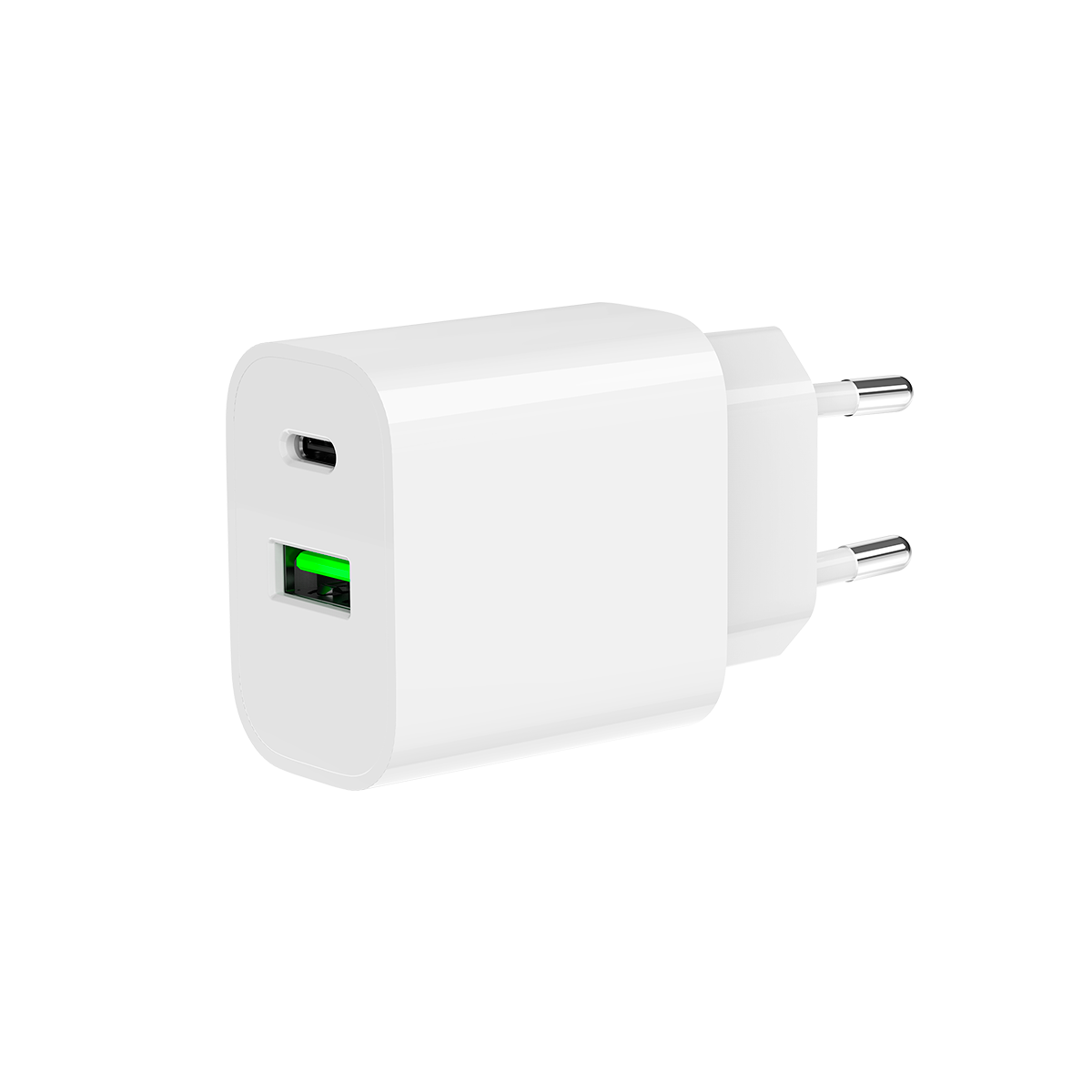 Un cargador blanco USB-C con un puerto USB-A y un indicador LED verde brillante.