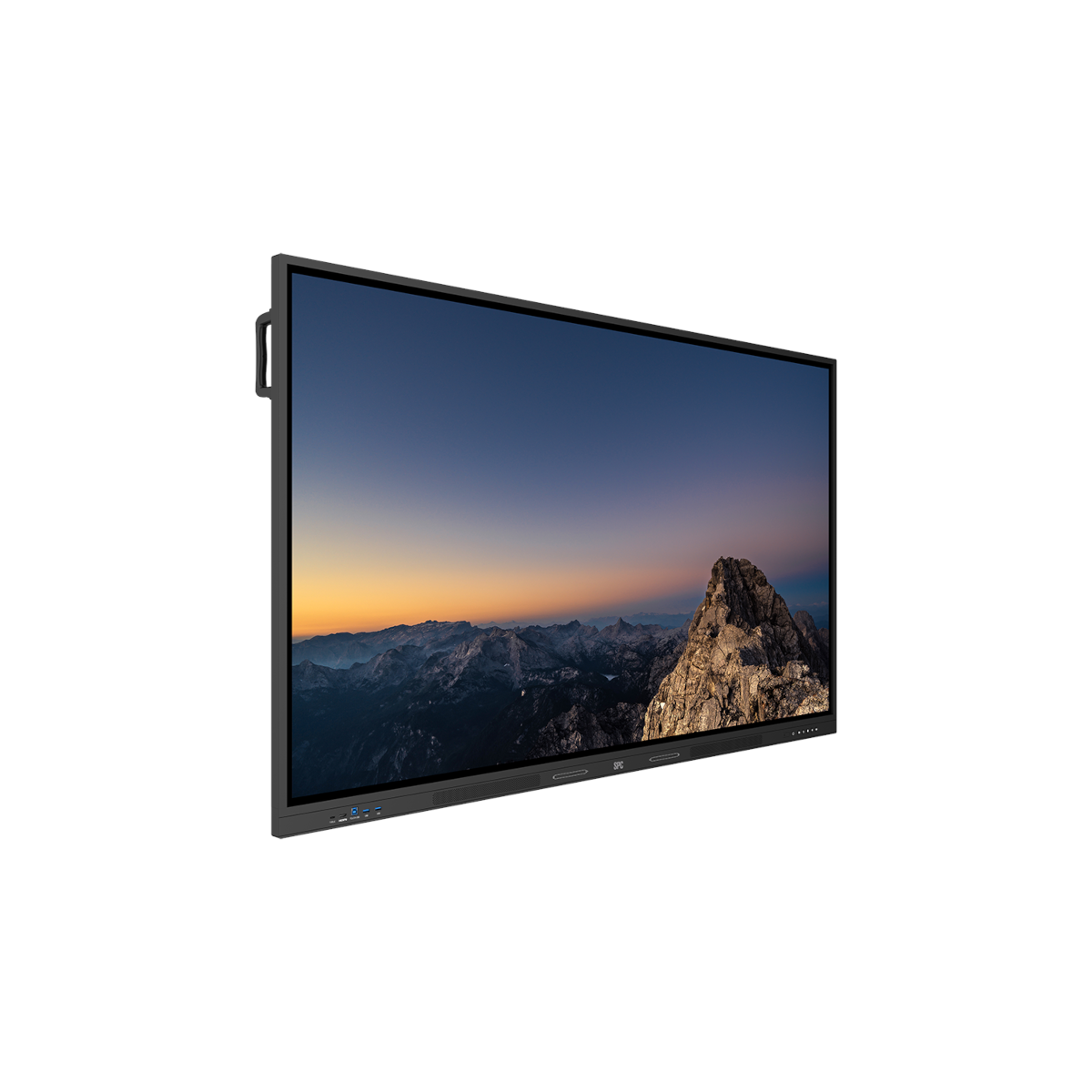 Una pantalla negra grande que muestra un panorama montañoso al atardecer.