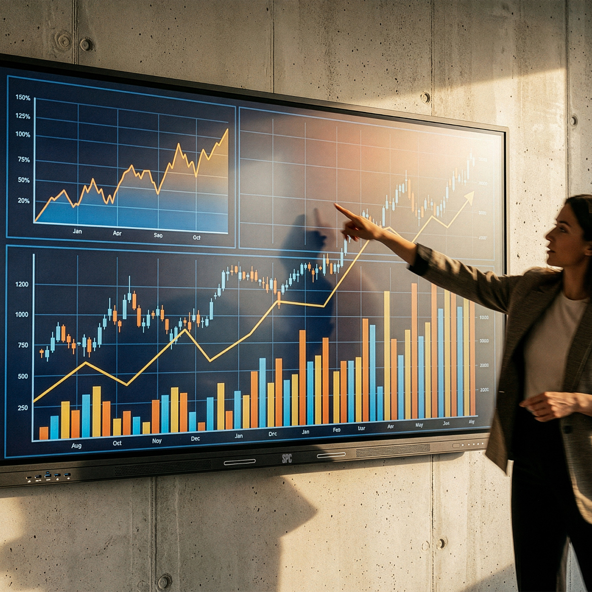 Una mujer señala una gran pantalla con gráficos y barras financieras.