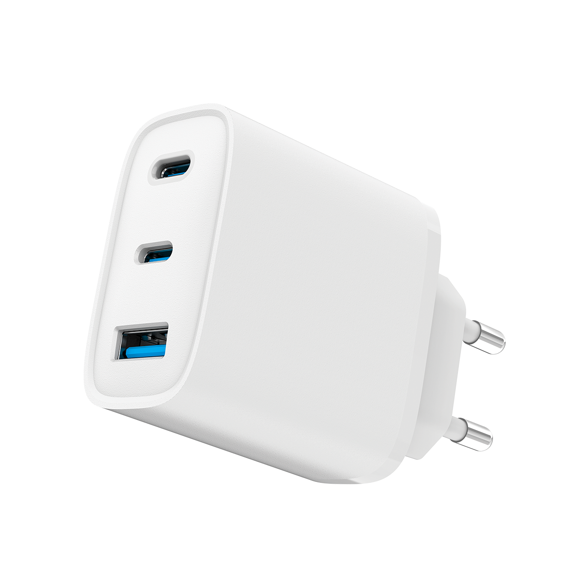 Un adaptador de cargador USB-C blanco con dos puertos USB-C y un USB-A.