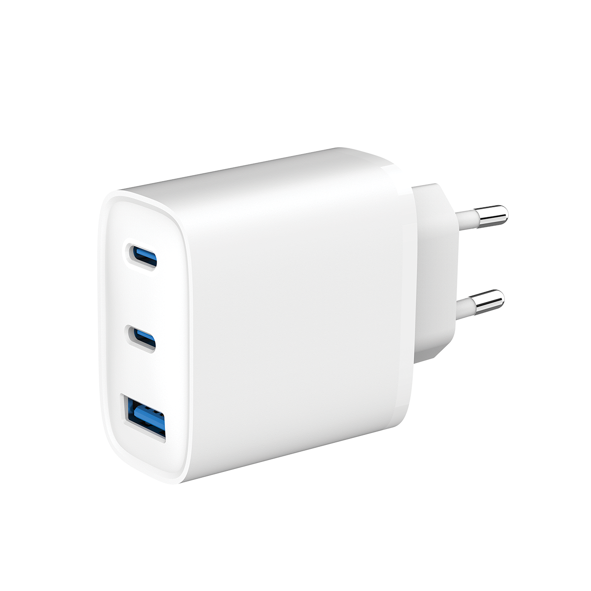 Un adaptador de corriente blanco USB-C con tres puertos y dos clavijas.