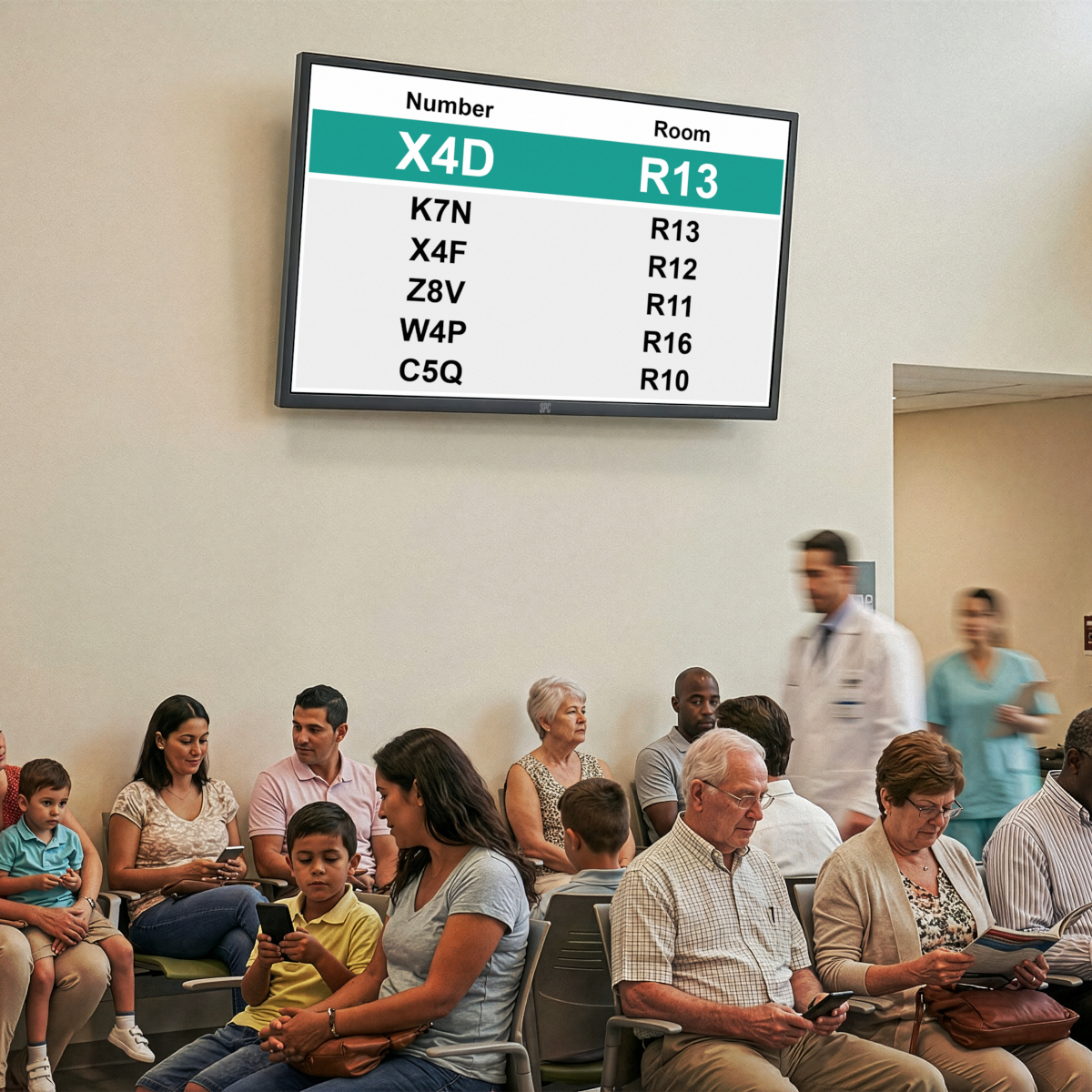 Sala de espera con gente mirando una pantalla digital que muestra números y salas.