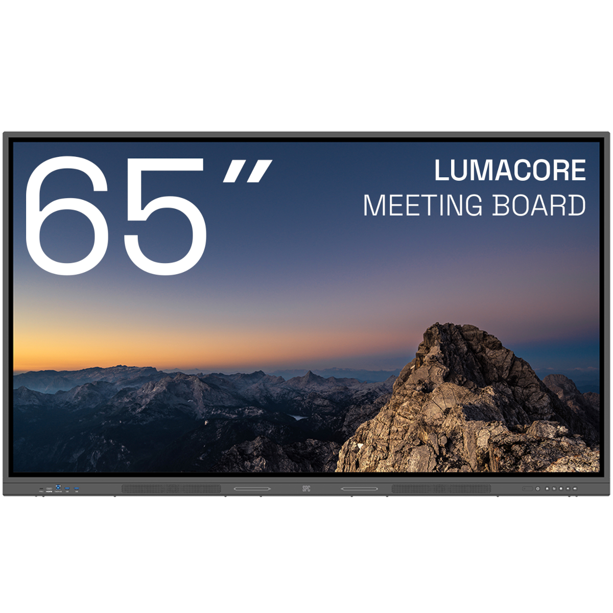 Un tablero de reuniones Lumacore de 65" muestra un paisaje montañoso al atardecer.