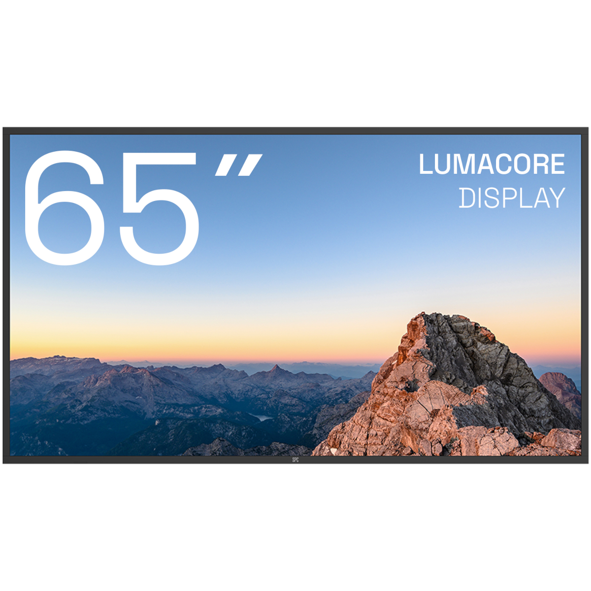 Pantalla Lumacore de 65" con paisaje de montaña al atardecer.