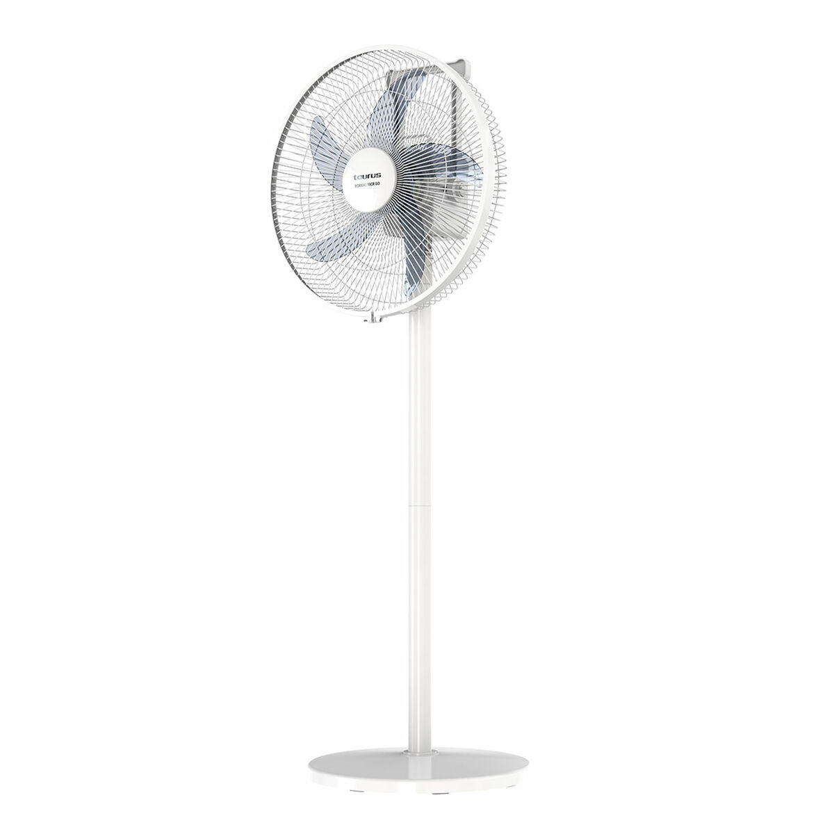 Un ventilatore da terra bianco con pale argentate su base rotonda.
