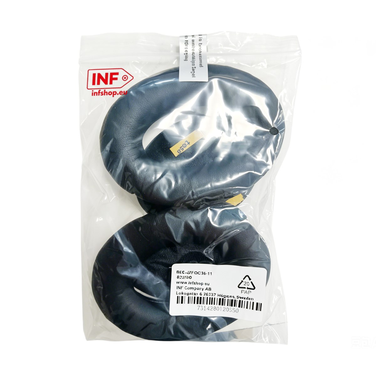 Pads neri per cuffie in sacchetto di plastica con logo e etichetta INF.