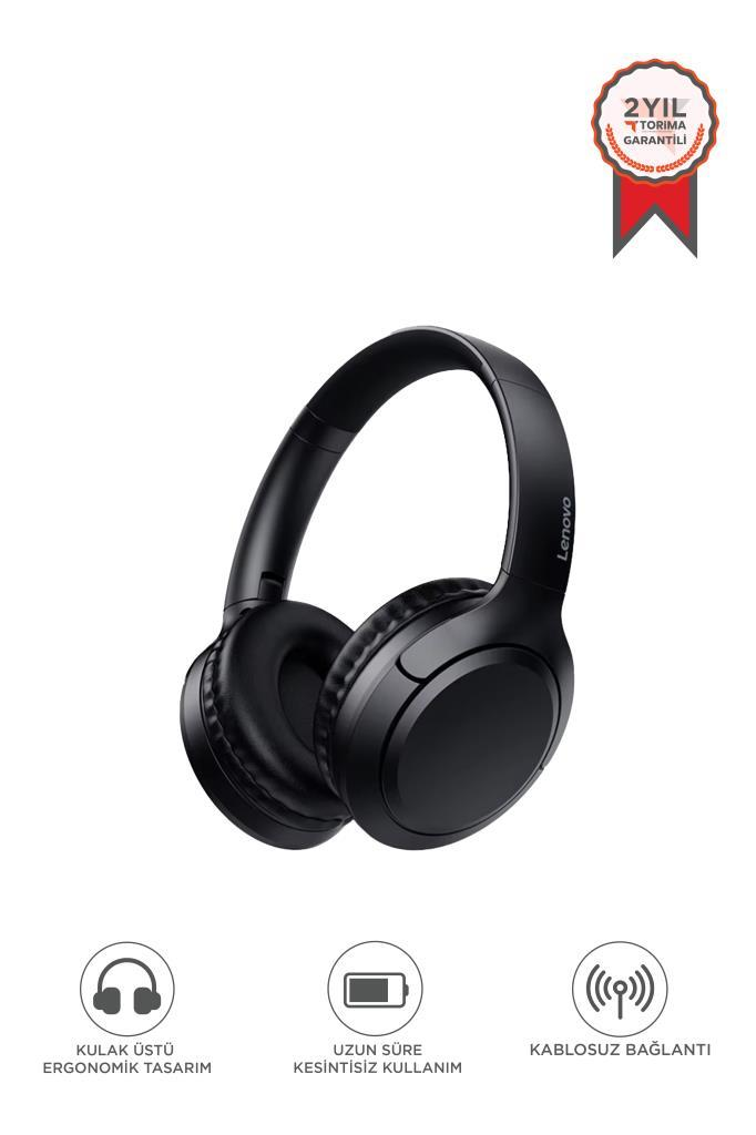 Ergonomik tasarımlı, uzun pil ömürlü, kablosuz bağlantılı siyah Lenovo kulaklık.