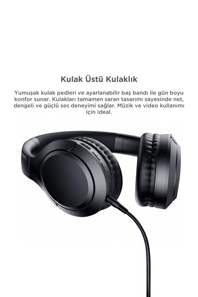 Siyah, kablolu, yumuşak kulak yastıklı kulak üstü kulaklık.