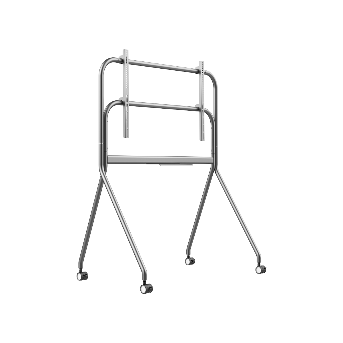 Un soporte plateado y móvil para pantalla con ruedas y soportes.