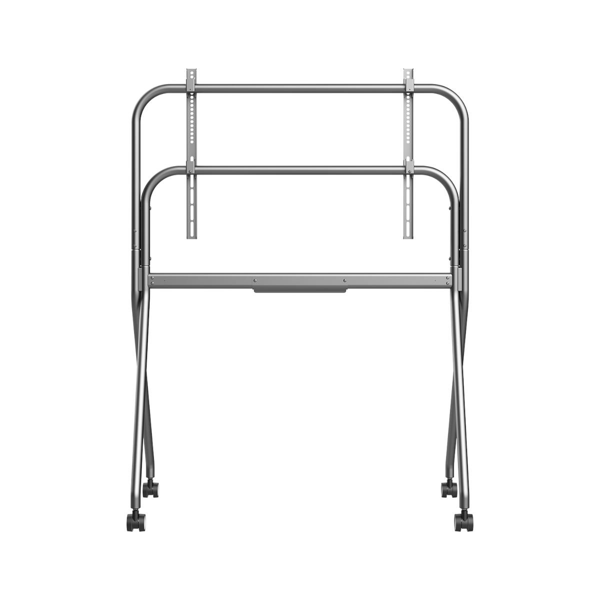 Soporte plateado para TV con ruedas y soportes ajustables.