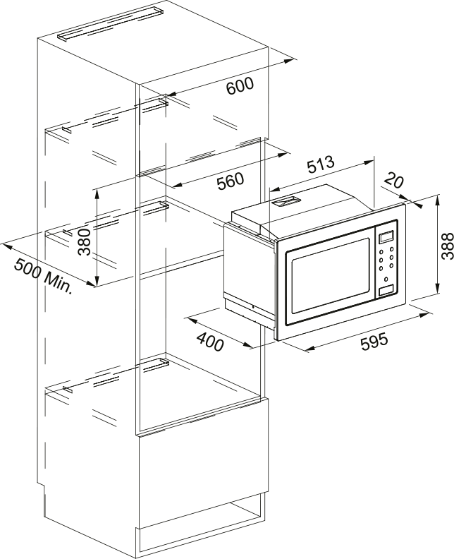 Disegno di installazione di un forno a microonde con dimensioni.