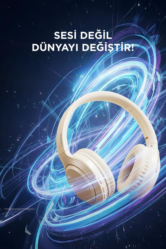 Bej rengi kulaklık, ışık efektli mavi arka plan üzerinde.