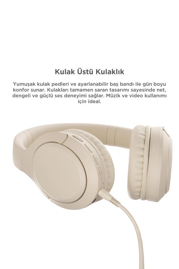 Yumuşak pedli, ayarlanabilir bej kulak üstü kulaklık.