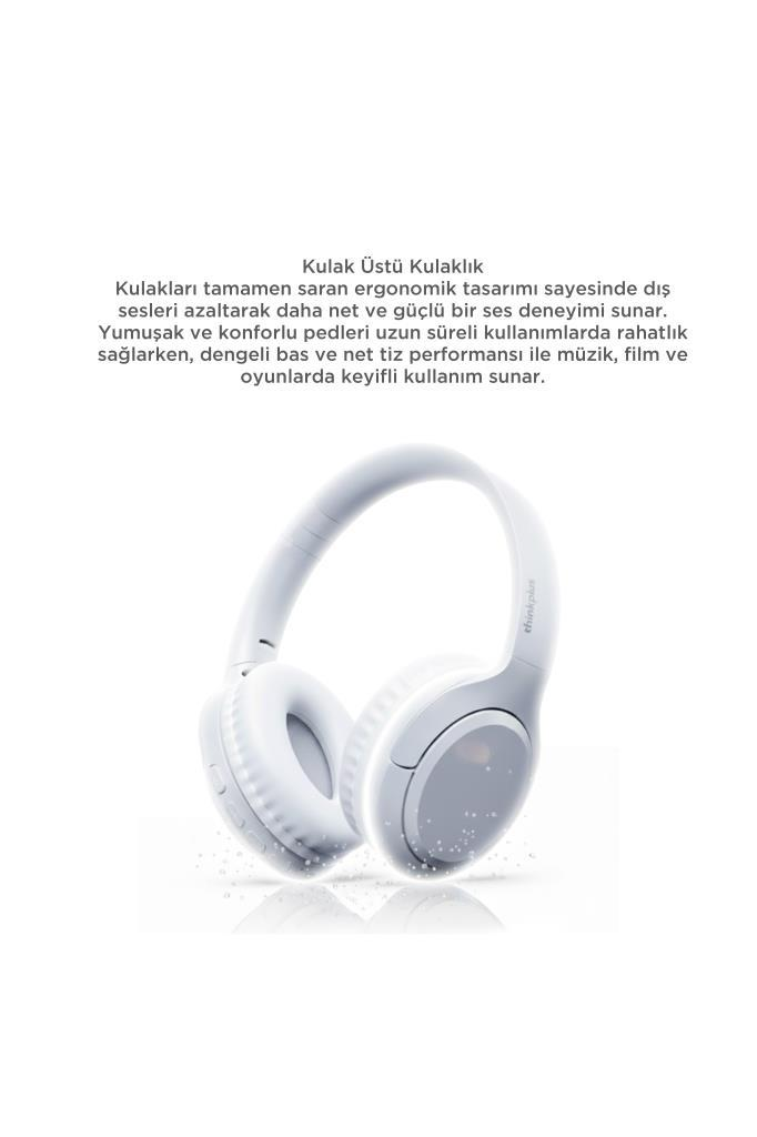Ergonomik tasarımlı beyaz kulak üstü kulaklık, konforlu yumuşak pedler.
