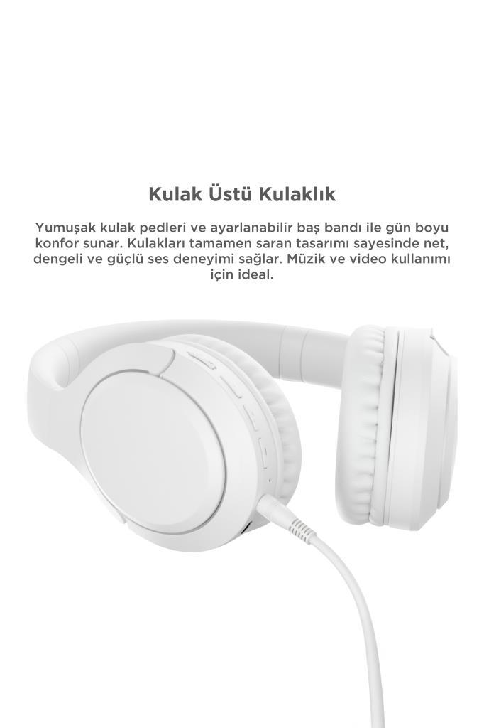 Yumuşak kulak pedli, ayarlanabilir baş bandlı beyaz kulak üstü kulaklık.