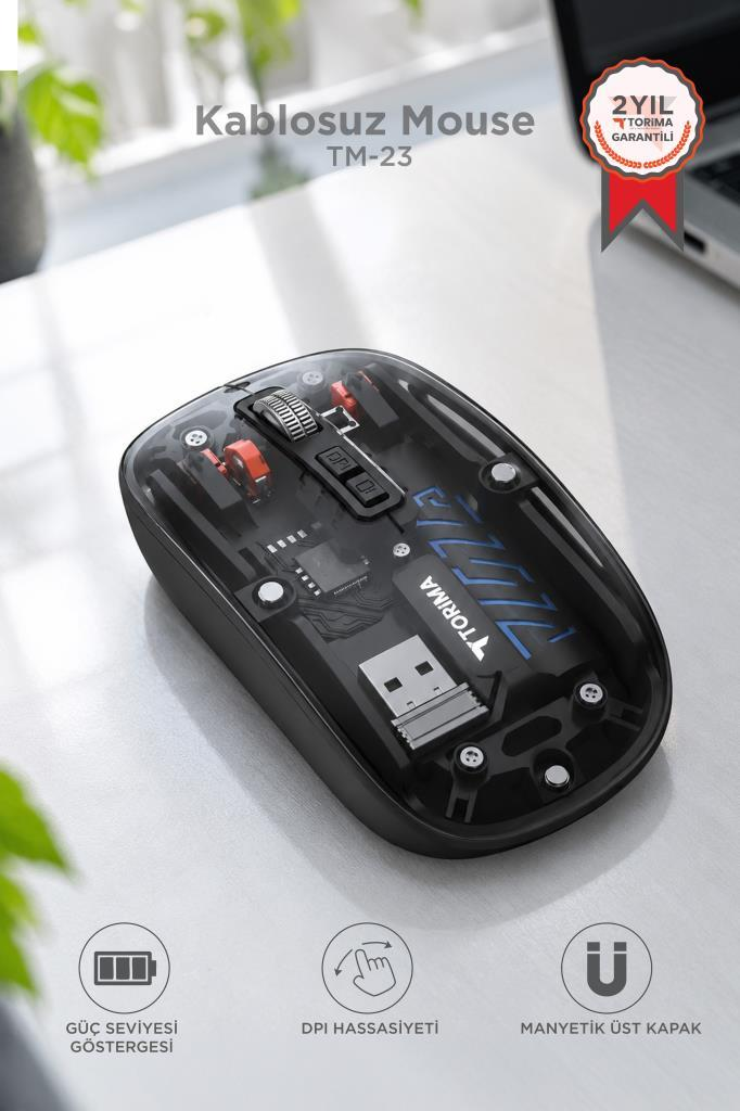 Şeffaf fare, görünür iç bileşenler ve USB konektörü ile.