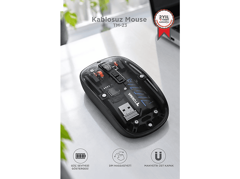 TORIMA Şeffaf Çift Modlu Bluetooth 5.2 + 2.4G TM23 Kablosuz Mouse Siyah