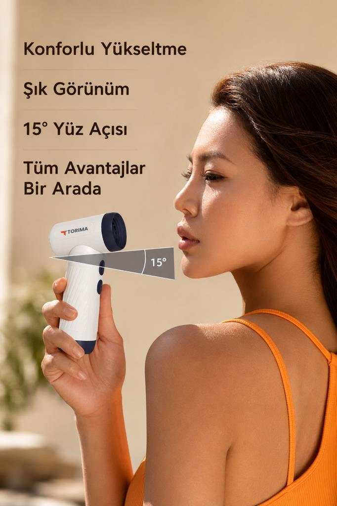 Bir kadın, 15 derecelik açıyla beyaz ve mavi bir cihaz tutuyor.