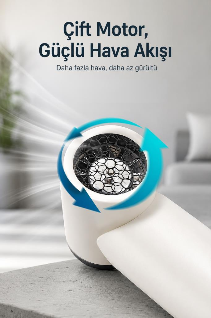 Mavi hava akışı grafiği ve iç ızgarası olan beyaz saç kurutma makinesi.