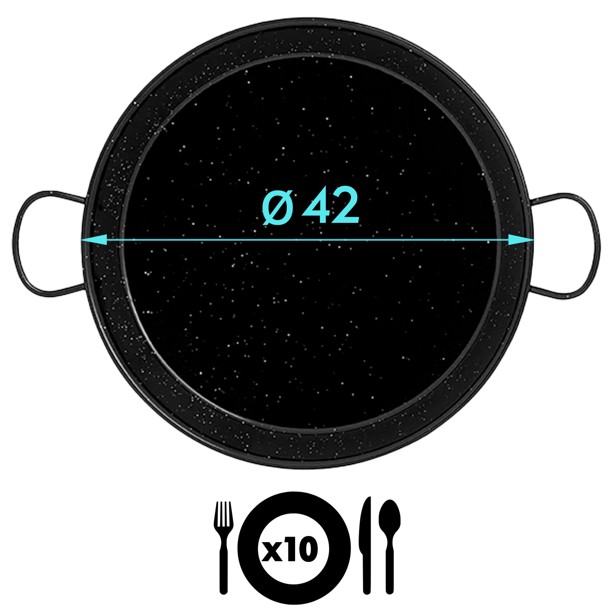 Sartén negra de 42cm de diámetro, dos asas y símbolos de cubiertos.