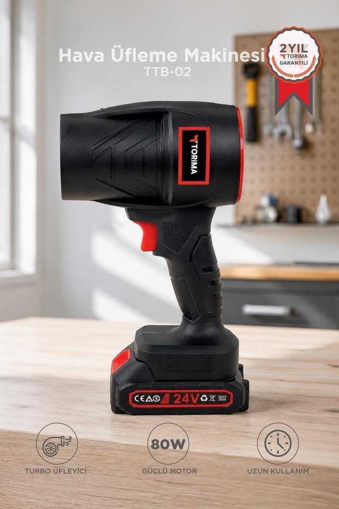 Siyah üfleyici, kırmızı tetik, 24V batarya, 80W motor. 2 yıl garanti.